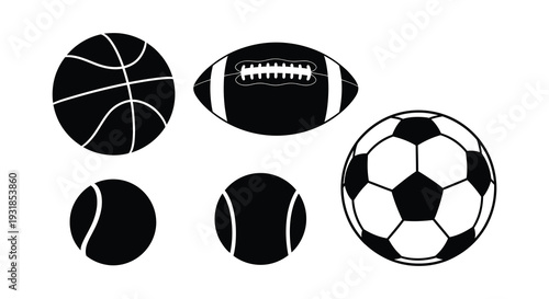 A collection of black silhouettes depicting various sports balls including basketball football soccer tennis and volleyball silhouette high quality professional detailed