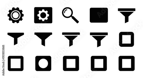Robust vector icon collection for modern digital interfaces, showcasing essential elements like settings, search, filtering, and selection options for user experience
