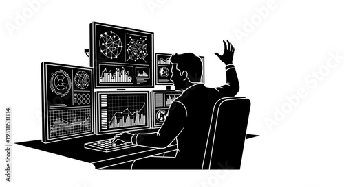 Vector illustration of a professional analyzing complex data across multiple monitors, emphasizing strategic insights and critical decisions