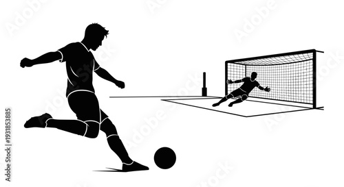Vector illustration of a soccer player's powerful kick at the goal. A diving goalkeeper attempts a save, capturing intense football action