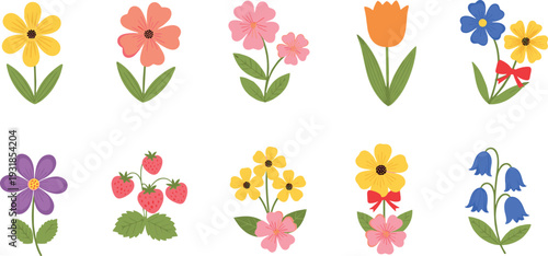 Cute Spring Flowers Collection with Tulip Strawberry Blossoms and Colorful Garden Floral Elements Vector Illustration