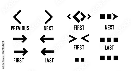 Collection of vector navigation icons representing previous, next, first, and last page, perfect for web and app interfaces