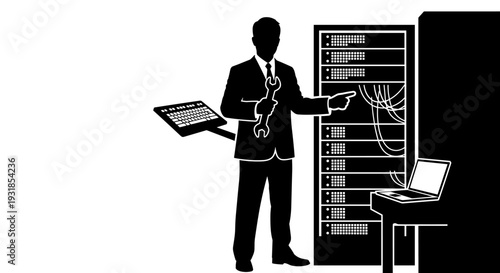 IT professional maintaining server racks and network infrastructure. Vector graphic illustrating technology support and data center management