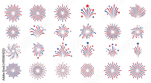 fireworks icon set, patriotic celebration, red white blue vector
