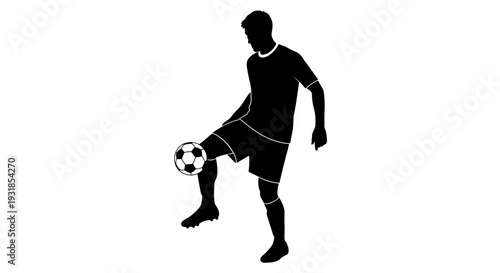 Silhouette of a soccer player dribbling the ball with his feet, a stylized graphic vector illustration on a white background, representing sport and athleticism