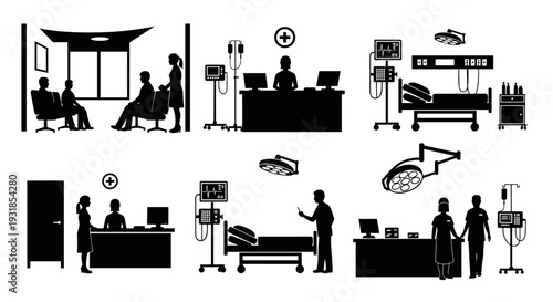 Healthcare reception desk vector icons showing patient check-in, doctor's office, and hospital waiting rooms with staff and patients in silhouette