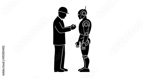 Vector illustration an engineer and humanoid robot, symbolizing future tech, automation, and human-machine collaboration in modern industry