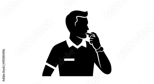 Referee blowing a whistle, a black and white vector illustration of a sports official in uniform, signifying a call or a stoppage in play for active participation and game management