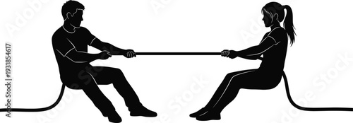 Black silhouette vector illustration of man and woman seated on ground pulling rope in tug-of-war concept representing balance, force, and tension
