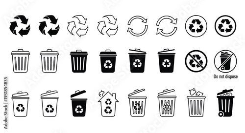 recycling and waste management icon set, recycle bin trash symbols vector