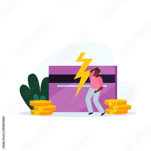 Financial Stress and Credit Card Debt Concept with Character and Lightning Strike
