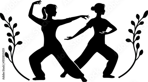 Silhouette couple dancing energetic partner dance movement black vector illustration