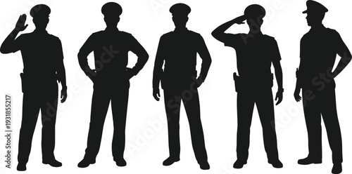 Black silhouette vector illustration of police officers in uniform standing in different poses including saluting, hands on hips, and relaxed stances