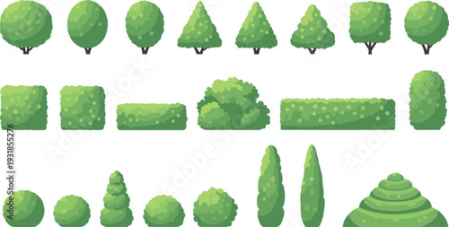 Green Bush and Hedge Collection with Various Garden Shrub Shapes for Landscape Design Vector Set