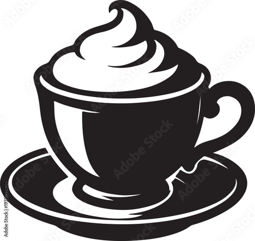 A black and white illustration of a cup of coffee with whipped cream on top