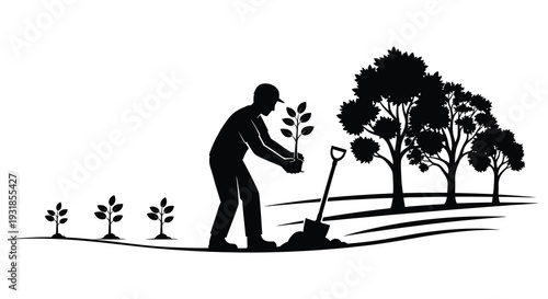 A gardener carefully plants a young tree amidst a landscape of varying growth stages depicted as a silhouette high quality professional