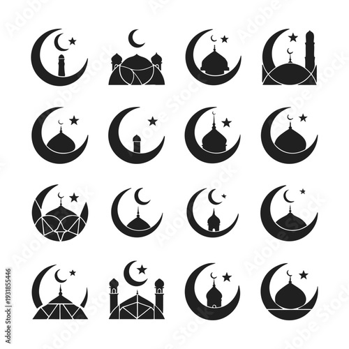 A collection of simple, minimalistic icons depicting crescent moons, full moons, and other celestial shapes. The icons have a clean, black-and-white aesthetic, with various moon phases and silhouettes