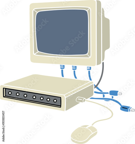 A flat illustration shows a retro desktop computer setup with a beige CRT monitor, external drive unit, cables, and a wired mouse.