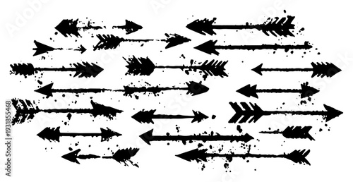 Collection of horizontal black distressed arrows with splattered ink effects and vintage style