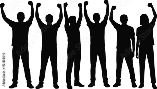 Black silhouette vector illustration of six people standing side by side with raised fists symbolizing unity, protest, empowerment, solidarity, and collective action