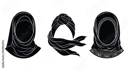 Three distinct black head coverings showcase varied styles and designs providing elegant and modest options silhouette high quality professional detailed