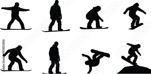 Black silhouette vector illustration of snowboarders in dynamic action poses including jumping, crouching, standing, and performing tricks on snowy slopes