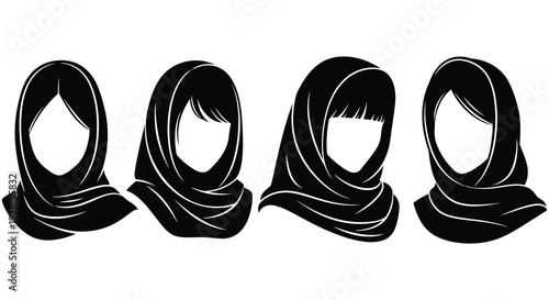 Four stylized black headscarf designs are presented showcasing flowing fabric and elegant shapes a unique silhouette high quality professional detailed modern