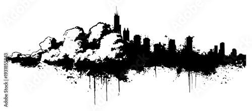Grunge urban skyline silhouette with skyscrapers clouds and black ink splatter effects