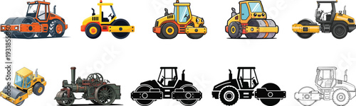 Vintage & Modern Road Roller Collection – Steamroller and Asphalt Compactor Clipart