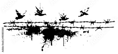 Symbolic grunge illustration of flying birds over barbed wire with ink splatter textures