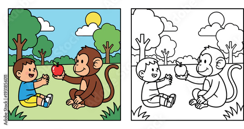 Happy little boy receiving red apple from cute brown monkey friend in green park nature