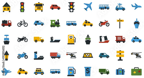Collection of Various Transportation Icons and Symbols.