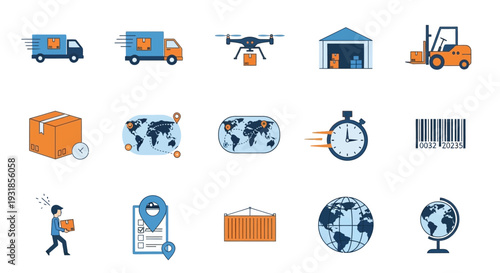 Logistics Icons Representing Global Delivery Operations.
