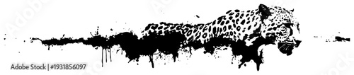 Artistic leopard silhouette merging with black ink splatters and paint drips