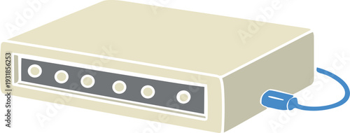 A flat cartoon illustration shows a beige retro external storage device with front indicator buttons and a blue connection cable.