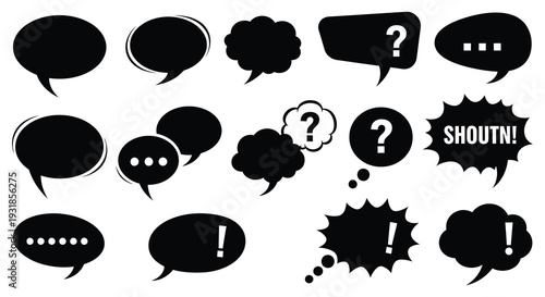 A collection of black speech bubbles and thought balloons in various shapes and styles a striking silhouette high quality professional detailed