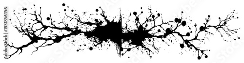 Symmetrical abstract organic composition with grunge ink splatters and decorative dots