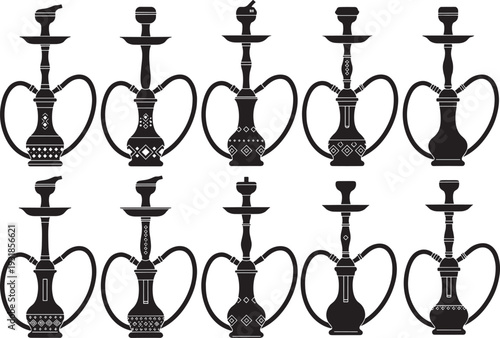 Black silhouette hookah set various ornate shisha designs with hose bowl stem intricate patterns Arabic style, smoking culture vector illustration for lounge cafe designs logos