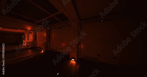 Photos Dimly lit auditorium with dramatic red glow, empty rows and deep shadows across stage