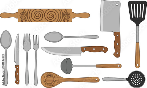 Kitchen Utensils Collection with Knife Fork Spoon Rolling Pin Spatula and Cooking Tools Vector Illustration Set