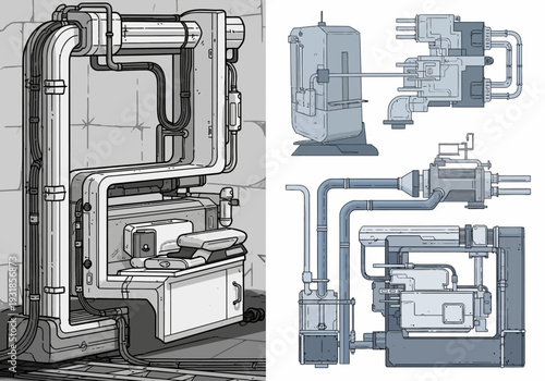 Industrial machinery pipes and equipment diagram.
