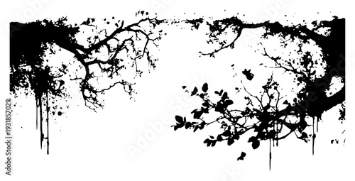 Artistic frame of tree branches with leaves and grunge ink splatter effects