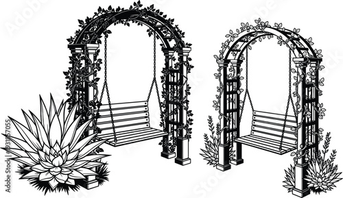 Elegant garden swing vector illustration with ornate trellis arches, climbing plants, floral decorations, symmetrical design and decorative outdoor furniture inspiration