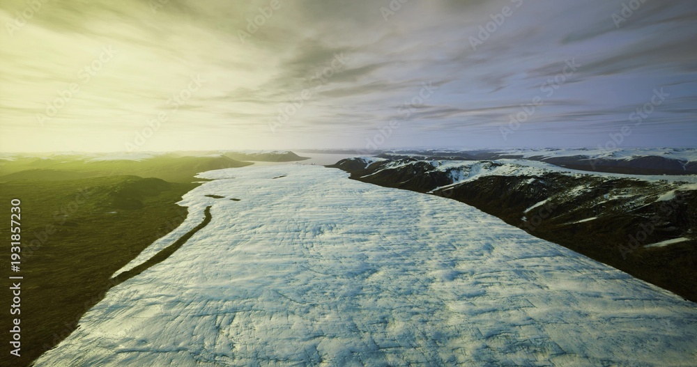 © icetray - Aerial glacier under stormy cloud cover revealing textured ice and melting edges, dark mood conveys environmental warning with strong wind movement and rough