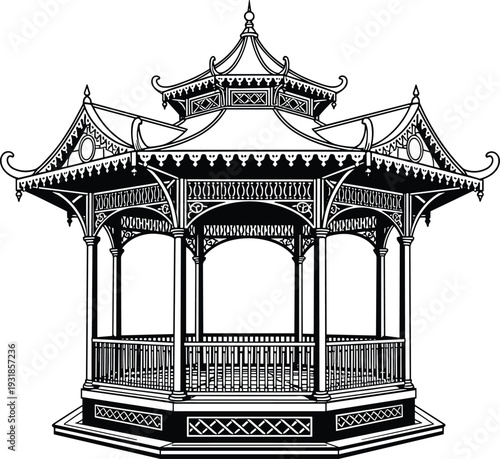 Detailed ornate gazebo vector illustration with octagonal base, Victorian and East Asian architectural design, decorative scrollwork lattice patterns and pointed finials