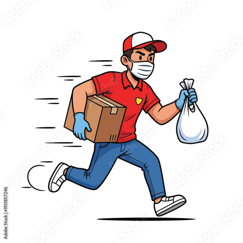 fast food delivery courier running vector, express contactless home shipping service illustration