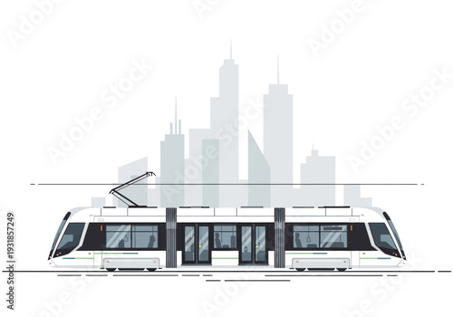 Modern White Train with City Skyline.