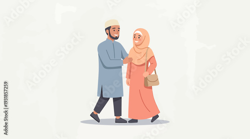 Two People Walking Together in Traditional Attire on City Street. Vector Illustrations. EPS Editable