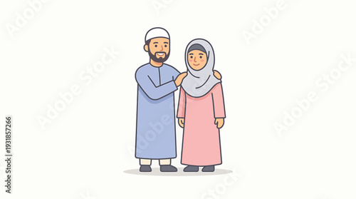 Two Traditional Attire Couple Standing Together in Harmony. Vector Illustrations. EPS Editable