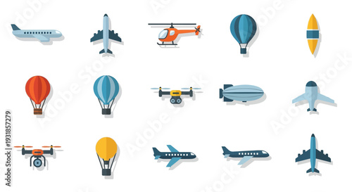 Collection of Various Air Travel Transportation Icons.